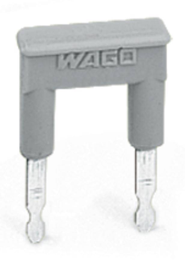 Grauer WAGO-Brückenstecker mit zwei metallischen Kontakten, verwendet für elektrische Verbindungen in Schaltschränken.