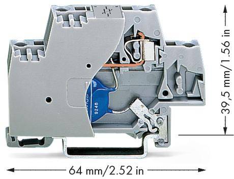 Elektronisches Bauteil mit grauem Gehäuse. Maße angegeben: 64 mm x 39,5 mm. Zeigt interne Schaltkreise und Komponenten.
