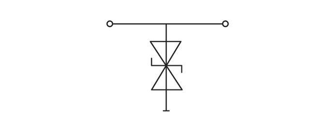 Ein einfaches schematisches Symbol, bestehend aus zwei entgegen gesetzten Dreiecken mit einer Linie darüber und darunter.