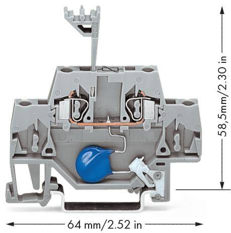 Grauer Klemmenblock für elektrische Verbindungen, mit blauer und weißer Kappe. Abmessungen: 64 mm breit, 58,5 mm hoch.