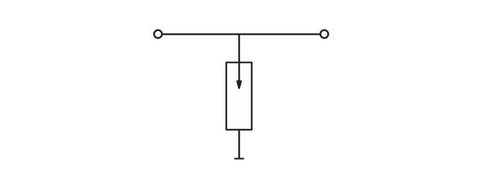 Das Bild zeigt ein einfaches elektrisches Schaltzeichen für eine Zugentlastung mit zwei verbundenen Punkten und einem Pfeil nach unten.