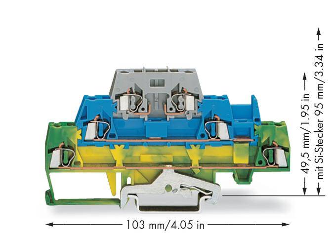 Reihenklemme mit blauen und grünen Gehäuseteilen, Abmessungen: 103 mm/4,05 in Breite, 49,5 mm/1,95 in Höhe, 95 mm/3,74 in mit Si-Stecker.