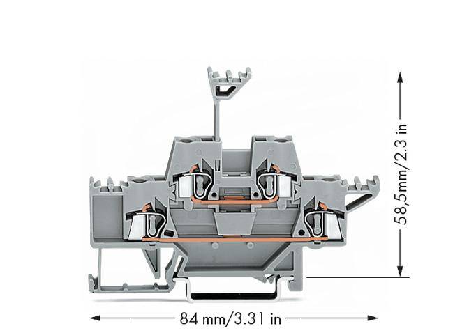 Graue elektrische Reihenklemme mit den Maßen 84 mm Breite und 58,5 mm Höhe. Detaillierte Nahaufnahme der Konstruktionsmerkmale.