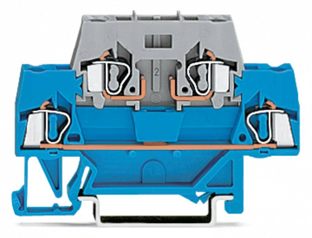 Ein blauer und grauer elektrischer Klemmblock, der zur Verbindung von Drähten dient. Zeigt Querschnitt mit Klemmmechanismus.