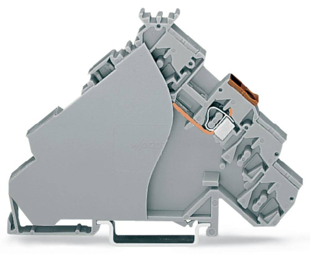 Ein graues Elektroklemmensystem mit mehreren Anschlussmöglichkeiten, das zur sicheren Verbindung von elektrischen Leitungen dient.