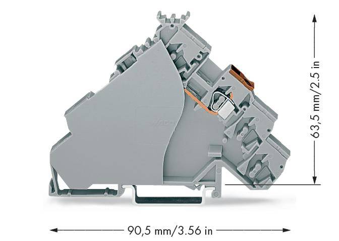 Graue Tragschienenklemme mit Abmessungen: 90,5 mm Länge, 63,5 mm Höhe. Mechanische Details sichtbar.