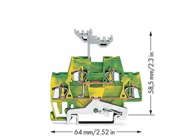 Querschnitt eines grünen elektrischen Verbindungsblocks mit Maßen: 64 mm/2,52 in Breite und 58,5 mm/2,3 in Höhe.