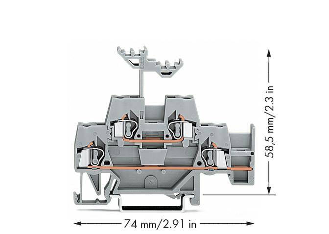 Grau-orange Klemme mit Metallteilen. Maße: 74 mm breit, 58,5 mm hoch. Enthält vier Anschlussstellen.