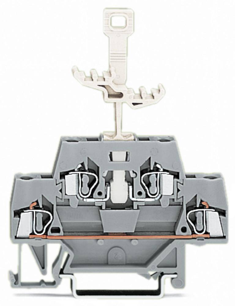 Graumodul-Klemme mit doppeltem Anschluss, Hebel oben für einfache Installation. Geeignet für Verkabelung in Elektroinstallationen.