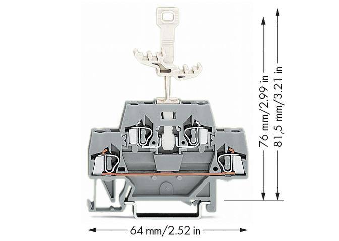 Graues elektrisches Bauteil mit vier Anschlüssen, seitlicher Hebel oben. Maße: 76 mm (2,99 Zoll) hoch, 64 mm (2,52 Zoll) breit.