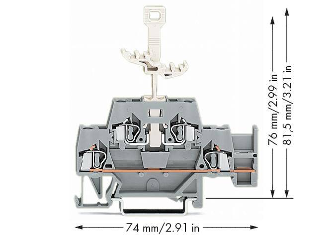 Graue Klemme mit Zugmechanismus und Maßen: Breite 74 mm, Höhe 76 mm, Gesamthöhe mit Mechanismus 81,5 mm.