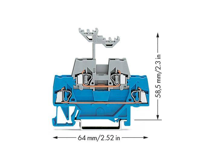 Querschnitt eines blauen Elektroverbinders mit grauen Klemmen. Maße: 64 mm Breite, 58,5 mm Höhe. Oben ein Kabelhalter.