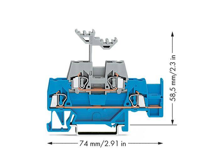 Ein blauer elektrischer Klemmenblock mit grauen Anschlüssen. Maße: 74 mm breit, 58,5 mm hoch. Pfeile zeigen die Maße an.