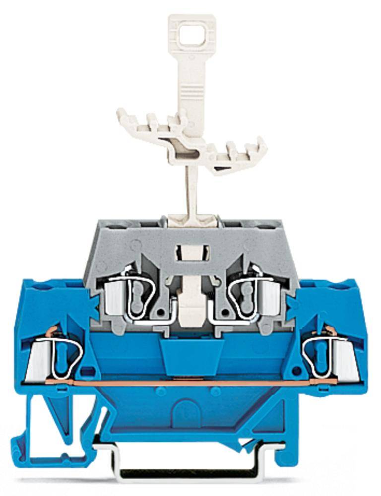 Ein blauer Elektro-DIN-Schienenklemme mit metallischen Kontakten und einem grauen Hebelmechanismus zur Verkabelung von Stromkreisen.