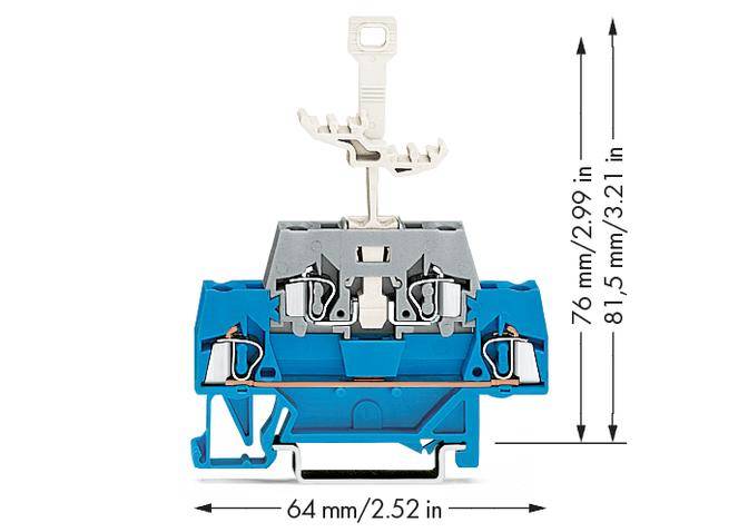 Elektrischer Schalter mit blauer Halterung; Abmessungen: 64 mm Breite, 76-81,5 mm Höhe.