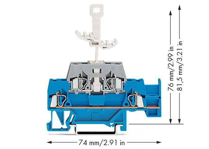 Elektrischer Steckverbinder in Blau mit Maßangaben: Höhe 76 mm/81,5 mm, Breite 74 mm. Oben befindet sich ein Metallhebel.