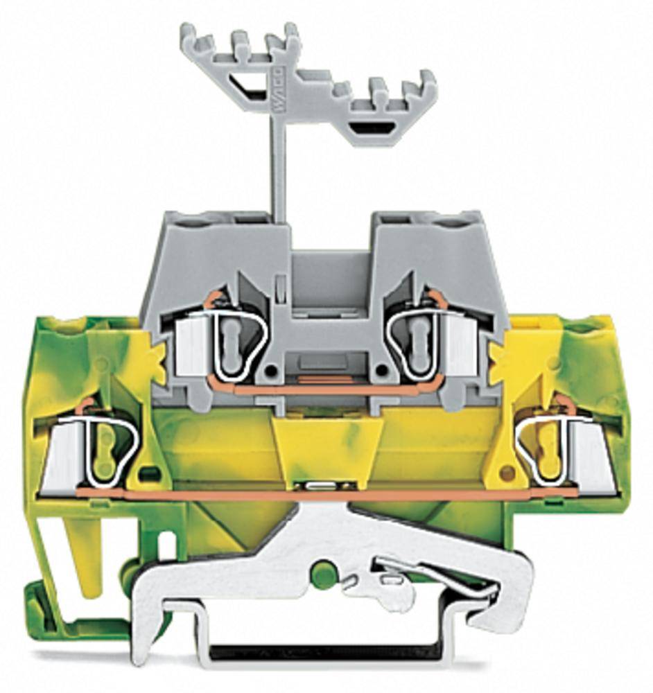 Ein gelb-grüner elektrische Klemmblock mit Metallelementen zur sicheren Verkabelung. Obere graue Haken zur Stabilität oder Befestigung.
