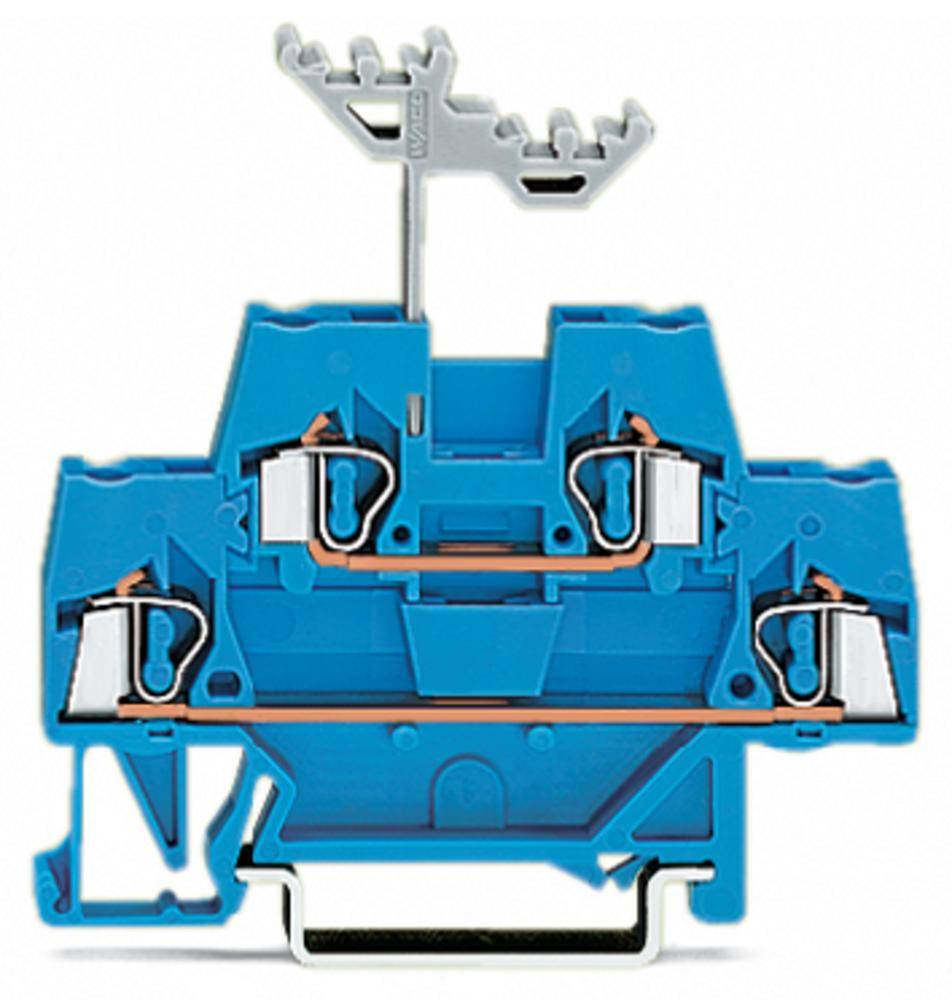 Ein blauer elektrischer Klemmenblock mit Metallanschlüssen und einer Antennenähnlichen Struktur oben, verwendet zur Drahtverbindung.