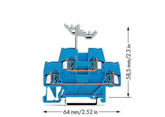 Elektrische Klemme in Blau mit sechs Anschlussstellen. Maße: 64 mm Breite und 58,5 mm Höhe.