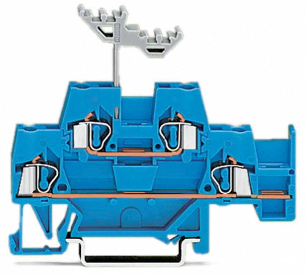 Blauer elektrischer Steckverbinder mit mehreren Klemmen und einer Metallhalterung, verwendet zur Verbindung von Kabeln in elektrischen Schaltungen.