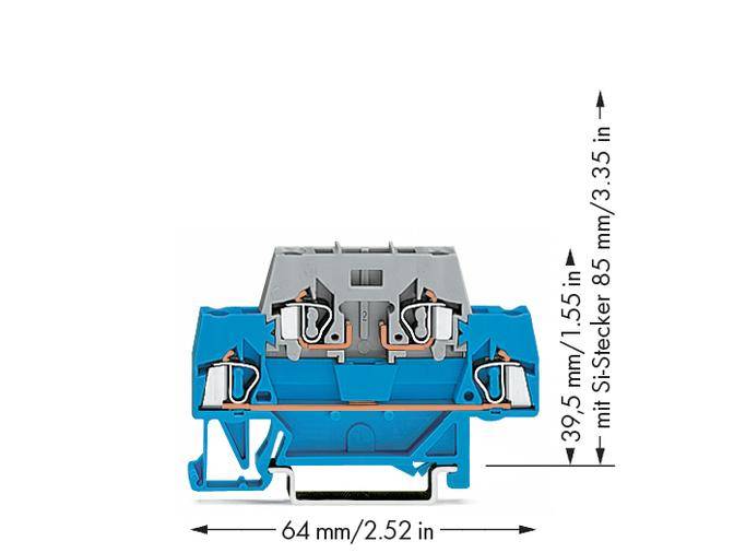 Ein elektrischer Schalter in Blau und Grau mit Abmessungen: 64 mm Breite, 39,5 mm Höhe, und 85 mm Höhe mit Stecker.