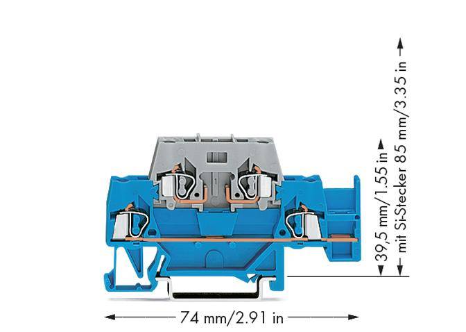 Elektrische Anschlussdose in blauer Farbe, mit Abmessungen: 74 mm Breite, 39,5 mm Höhe, 85 mm mit S-Stecker.