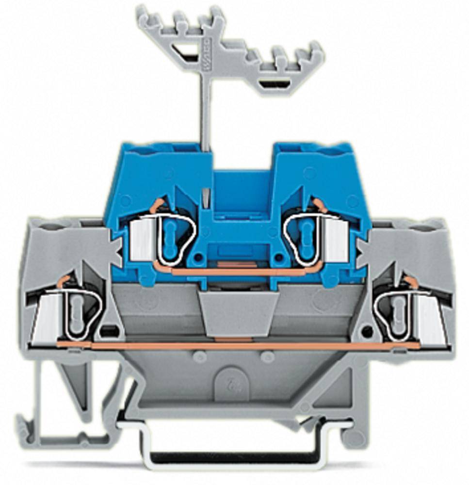 Ein blauer und grauer elektrischer Klemmblock mit Metallkontakten und Befestigungsmechanismus in der Mitte eines Querschnitts.