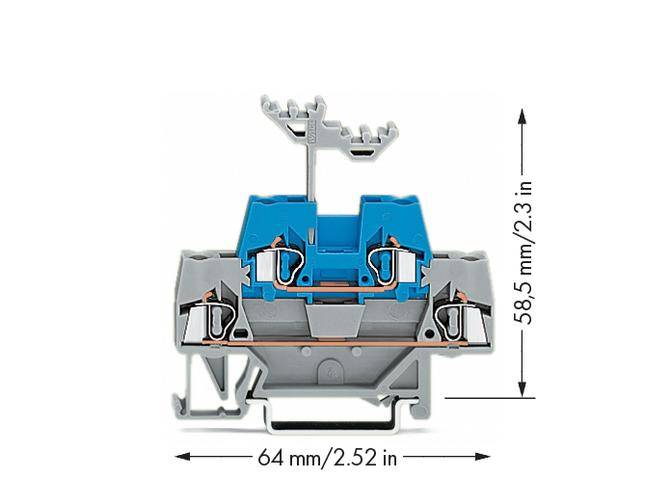 Eine blaue elektrische Klemme mit verschiedenen Anschlusspunkten, Abmessungen 58,5 mm hoch und 64 mm breit, auf grauer Basis montiert.