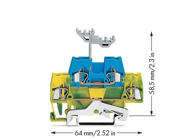 Ein blau-gelbes elektrisches Klemmenblockmodul mit einer Höhe von 58,5 mm und einer Breite von 64 mm.