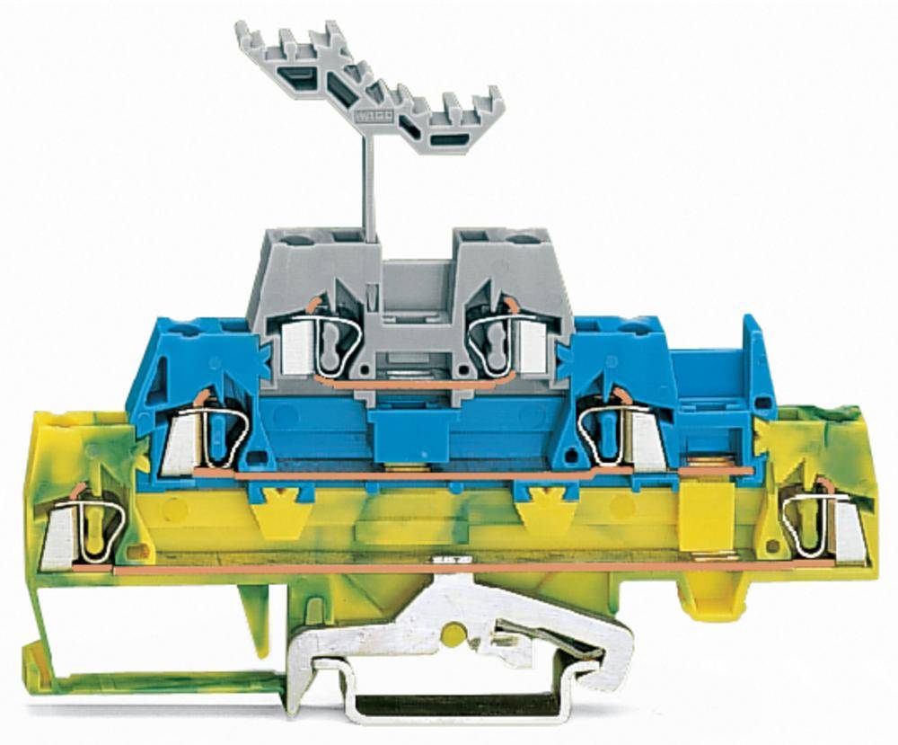Querschnitt durch eine mehrschichtige, farbige Klemme, die zeigt, wie verschiedene elektrische Anschlüsse verbunden werden.