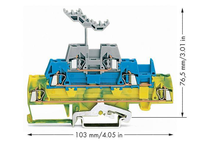 Abbildung eines Klemmenblocks mit farbcodierten Abschnitten in Blau, Grün und Gelb. Maße: 76,5 mm hoch, 103 mm breit.