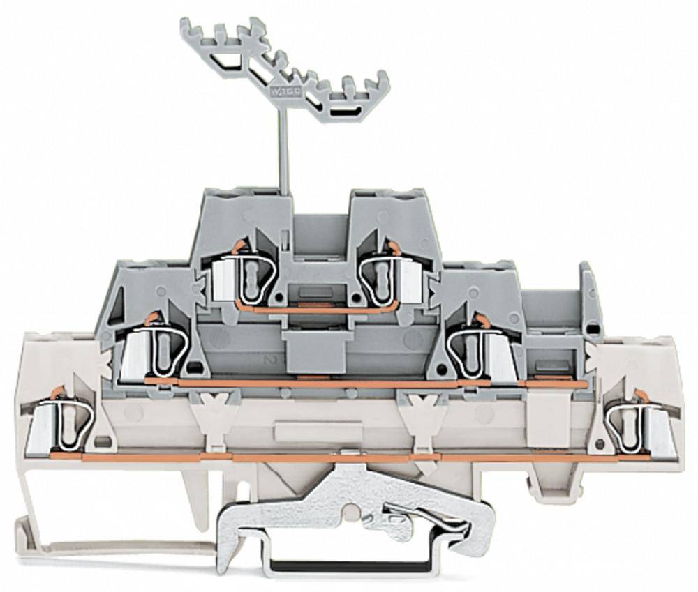 Ein mehrstufiger, grauer Reihenklemmsockel mit mehreren Anschlussstellen, Hebel und Befestigungsschiene, häufig in der Elektrotechnik genutzt.