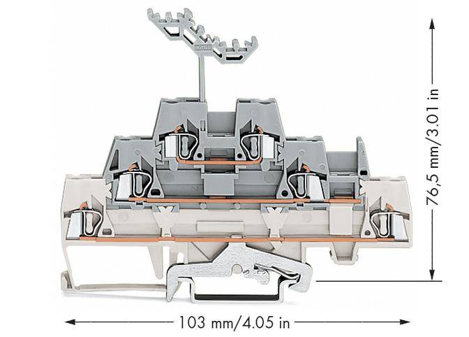 Querschnitt eines dreistufigen Klemmenblocks mit Maßen: Breite 103 mm (4,05 Zoll), Höhe 76,5 mm (3,01 Zoll).