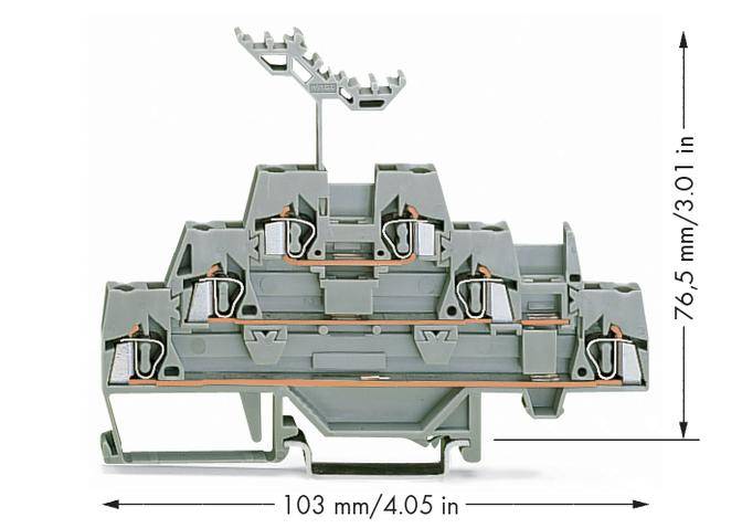 Querschnitt einer grauen Klemmenleiste mit fünf Anschlusspunkten und Federmechanismus. Abmessungen: 103 mm x 76,5 mm.