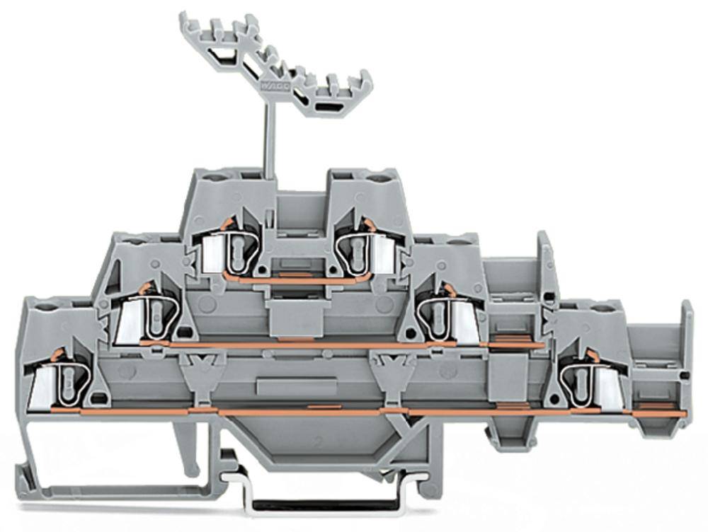 Ein grauer elektrischer Klemmblock mit mehreren Anschlussstellen, zur Befestigung auf einer Schiene, vor weißem Hintergrund.