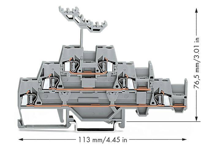 Grauer elektrischer Steckverbinder mit sechs Metallkontakten, Maße 113 mm x 76,5 mm.