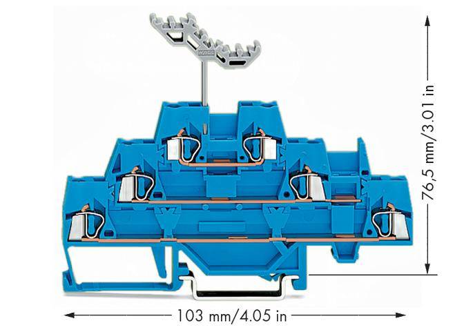 Ein blauer elektrischer Reihenklemmenadapter mit den Maßen 76,5 mm hoch und 103 mm breit.