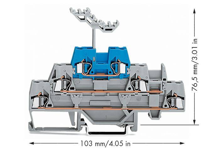 Elektrische Klemmenleiste, blau-grau, mit Maßen: 103 mm breit, 76,5 mm hoch. Zeigt Drahtführungen und Kontaktstellen.