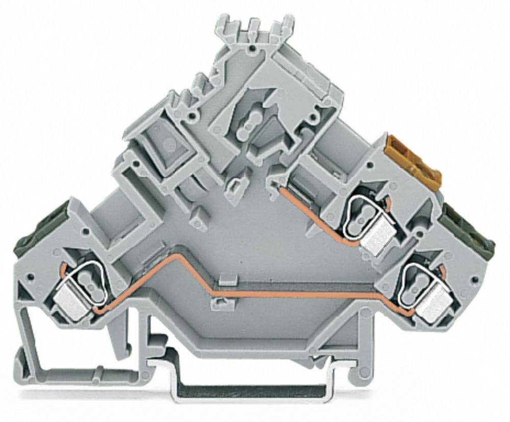 Grauer Klemmenblock in dreieckiger Form mit metallischen Verbindungen und Steckplätzen auf beiden Seiten.