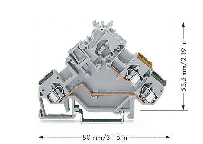 Grau-orange Klemmenblock, 80 mm breit, 55,5 mm hoch, mit Pfeilen zur Längen- und Höhenangabe.