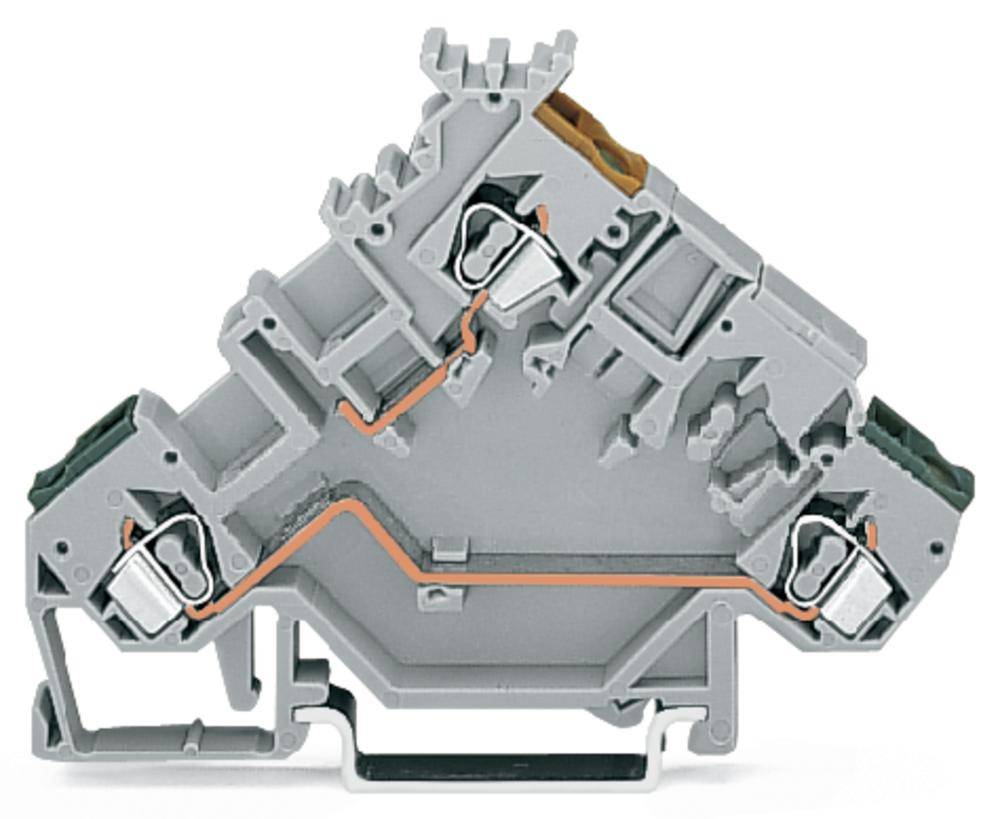 Graue elektrische Klemme mit kupferfarbenen Leitungen, die für die Verbindung elektrischer Komponenten in einer Schalttafel dient.