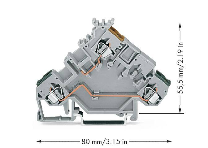 Graue elektrische Klemme mit Abmessungen: Höhe 55,5 mm (2,19 Zoll), Breite 80 mm (3,15 Zoll).