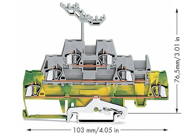 Elektrische Klemmenleiste mit Abmessungen. Höhe: 76,5 mm/3,01 Zoll. Länge: 103 mm/4,05 Zoll. Zeigt Anschlüsse und Montagestruktur.
