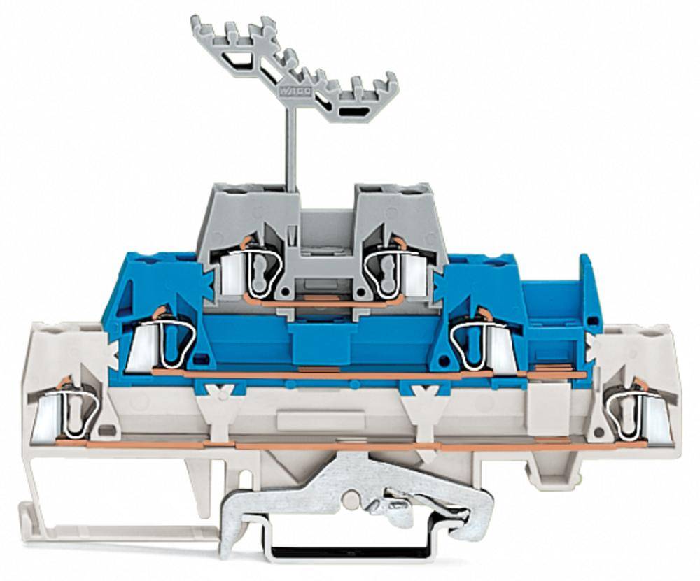 Ein komplexer elektrischer Steckverbinder mit blauen und grauen Elementen; zeigt Aufbau und Verbindungspunkte für Anwendung in Schaltschränken.