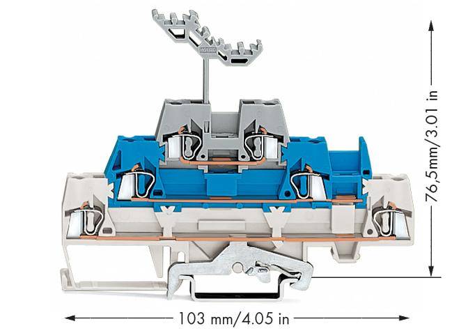 Maßzeichnung eines elektrischen Steckverbinders. Zeigt Dimensionen: 103 mm Breite, 76,5 mm Höhe. Ausgelegt für industrielle Anwendungen.