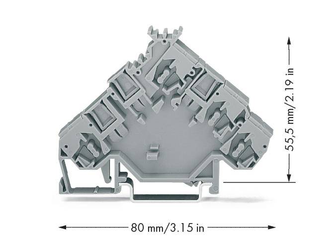 Dreieckige elektrische Klemmenleiste mit Abmessungen: 80 mm Breite und 55,5 mm Höhe, zeigt Anschlussmöglichkeiten.