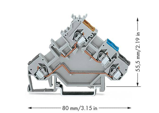 Ein grauer, dreieckförmiger Elektroklemmenblock mit drei Verbindungspunkten und seitlichen Kupplungen. Maße: 80 mm breit, 55,5 mm hoch.