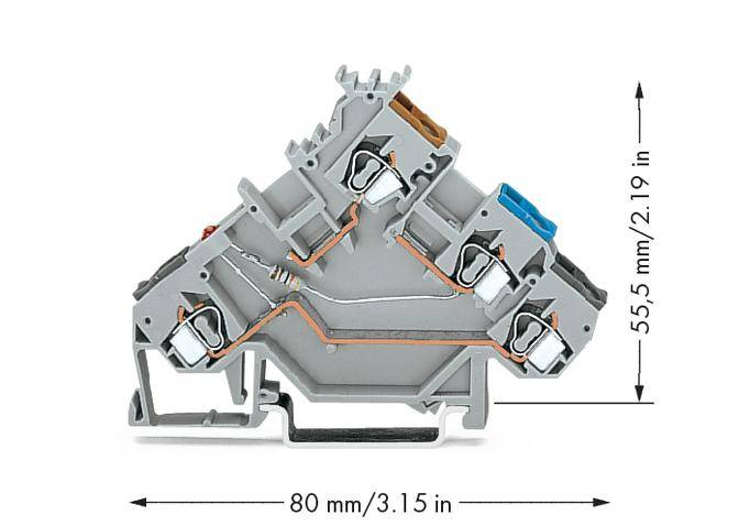 'Querschnitt eines elektrischen Anschlusses' zeigt die innere Verdrahtung und zwei Maße: 80 mm Breite, 55,5 mm Höhe.
