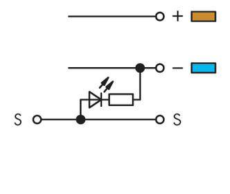Schaltplan mit einer Diode und einem Widerstand in Serie, verbunden zwischen einem Plus- und einem Minuspol sowie zwei Schaltern.