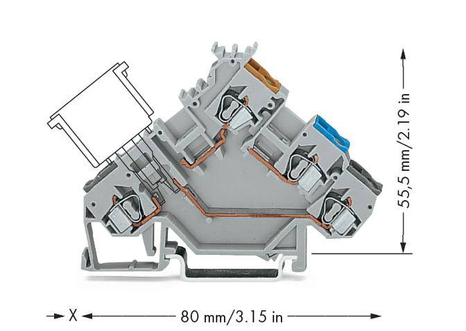 Elektrischer Klemmenblock in einer V-Form mit Maßen: 80 mm breit und 55,5 mm hoch, grau mit farbigen Elementen.